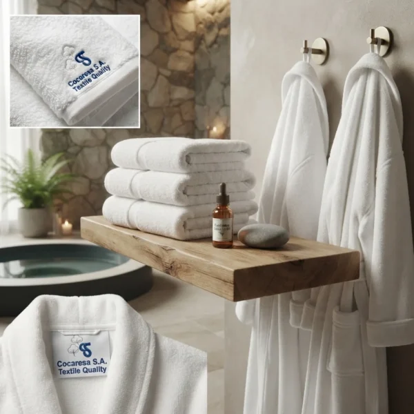 Toallas y albornoces blancos de hotel con etiqueta y bordado de Cocaresa
