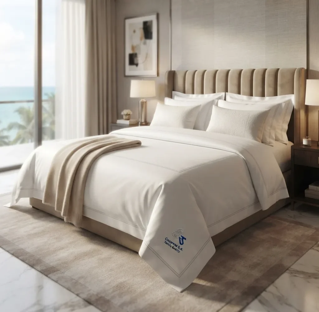 Cama de hotel vestida con ropa de cama blanca con vivo y logotipo bordado