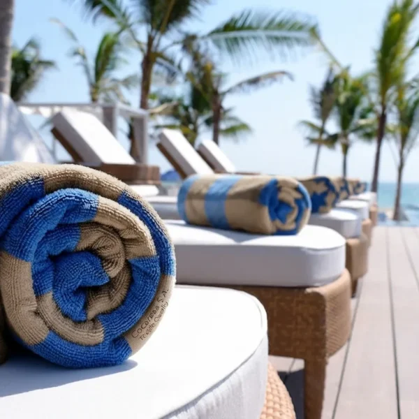 Toalla de piscina a rayas azul y beige con el logotipo de Cocaresa bordado