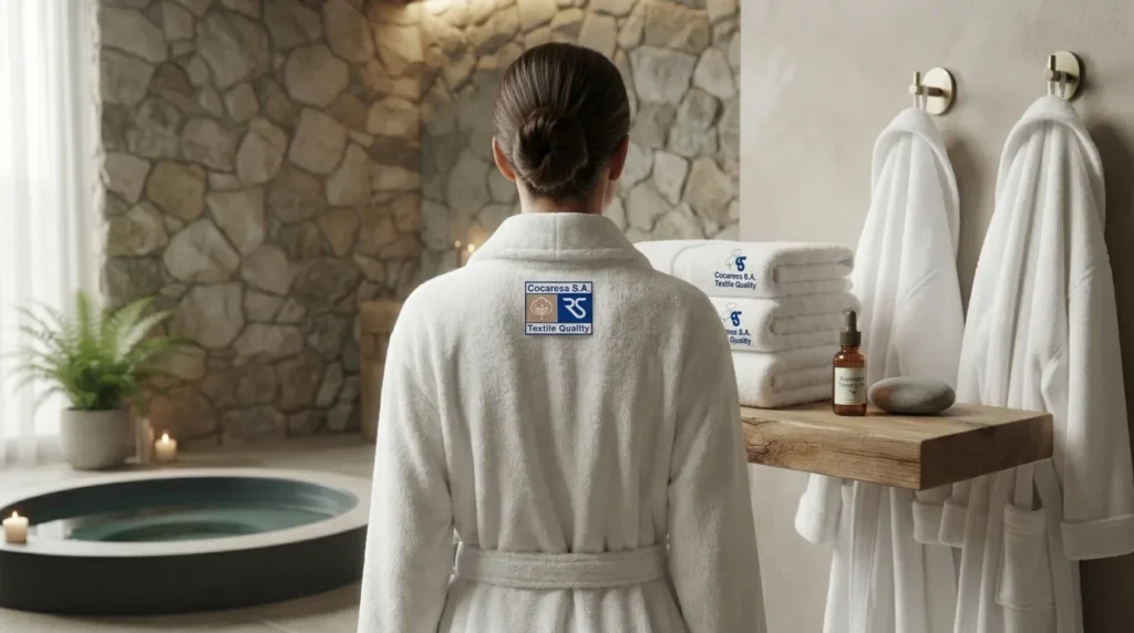 Huésped de espaldas con albornoz blanco bordado de Cocaresa en un spa de piedra