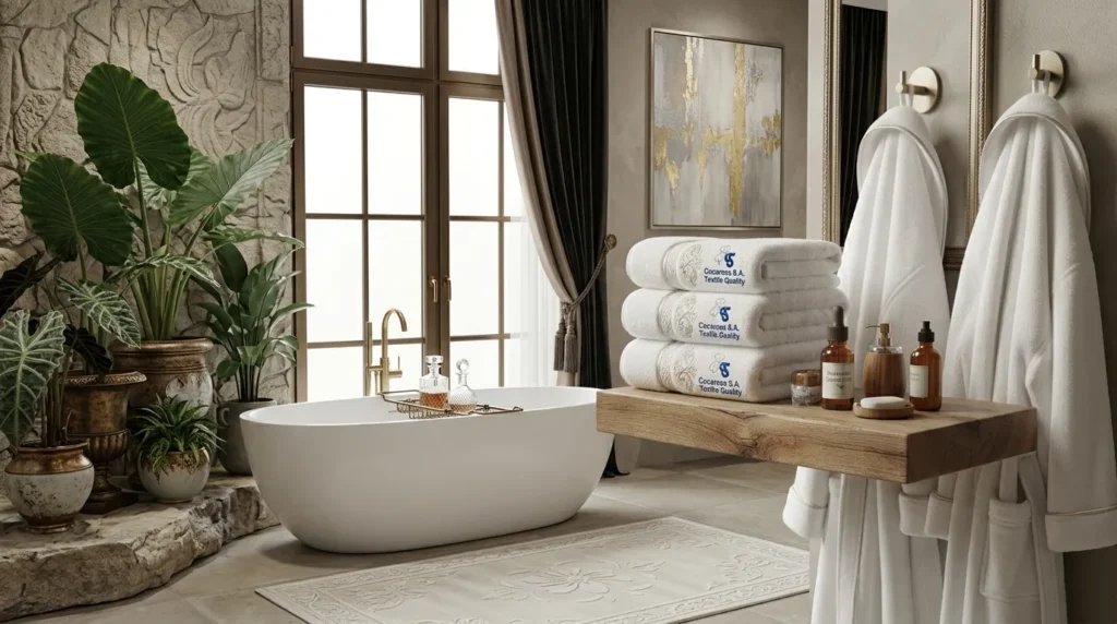 Baño de spa con bañera exenta, toallas blancas apiladas y albornoces colgados de Cocaresa