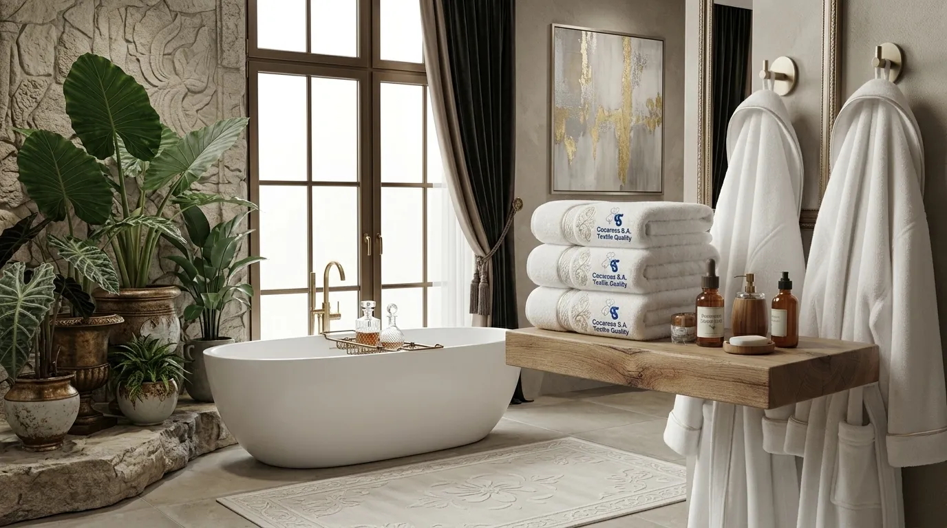 Baño de spa con bañera exenta, toallas blancas apiladas y albornoces colgados de Cocaresa