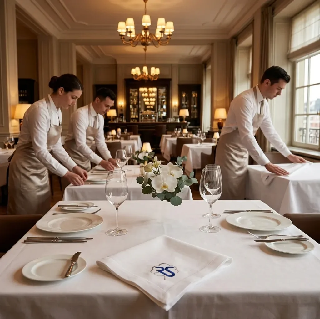 Mesa de restaurante con mantel blanco y servilleta bordada de Cocaresa mientras el personal monta el servicio