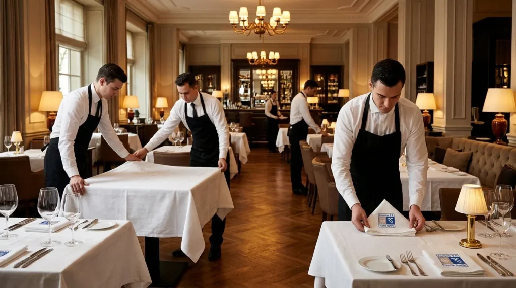 Camareros vistiendo las mesas de un restaurante clásico con manteles y servilletas blancas