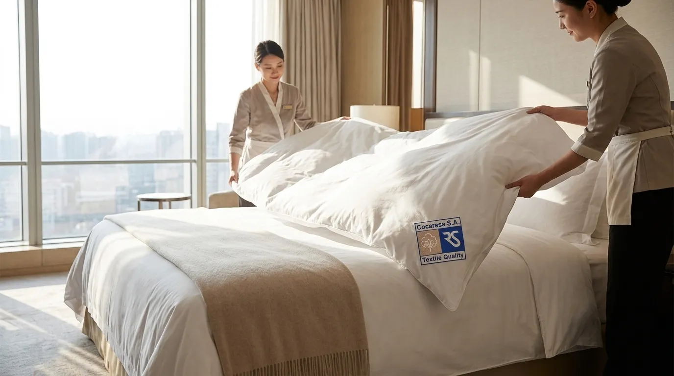 Dos camareras de piso vistiendo una cama de hotel con ropa de cama blanca y pie de cama beige de Cocaresa
