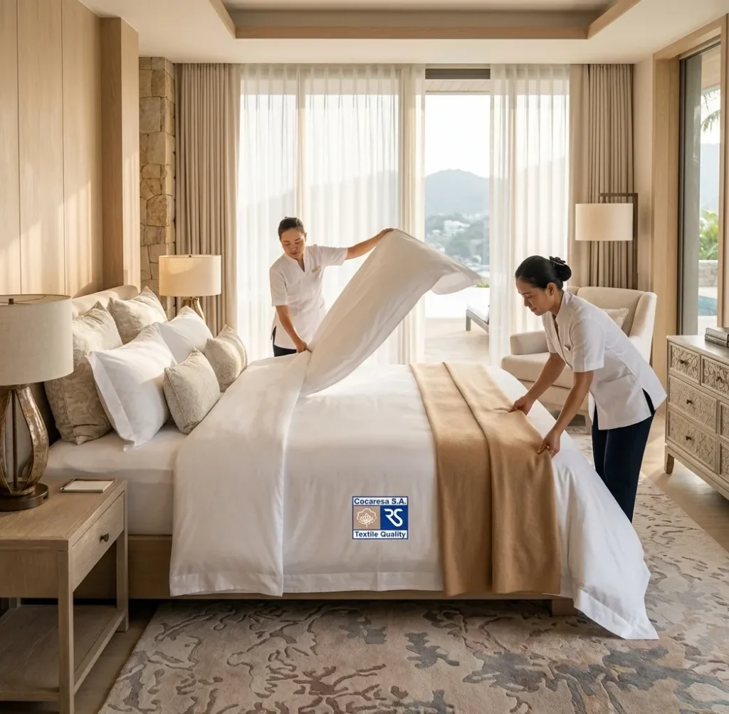 Camareras de piso extendiendo una sábana blanca sobre una cama de hotel con vistas al mar