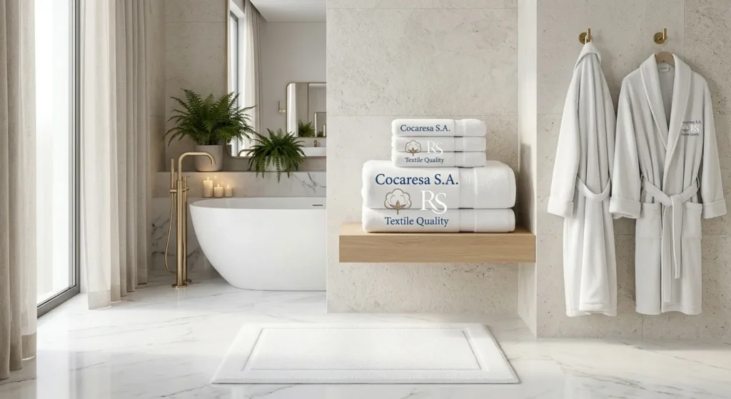 Baño de hotel en mármol claro con toallas bordadas, alfombrín y albornoces blancos